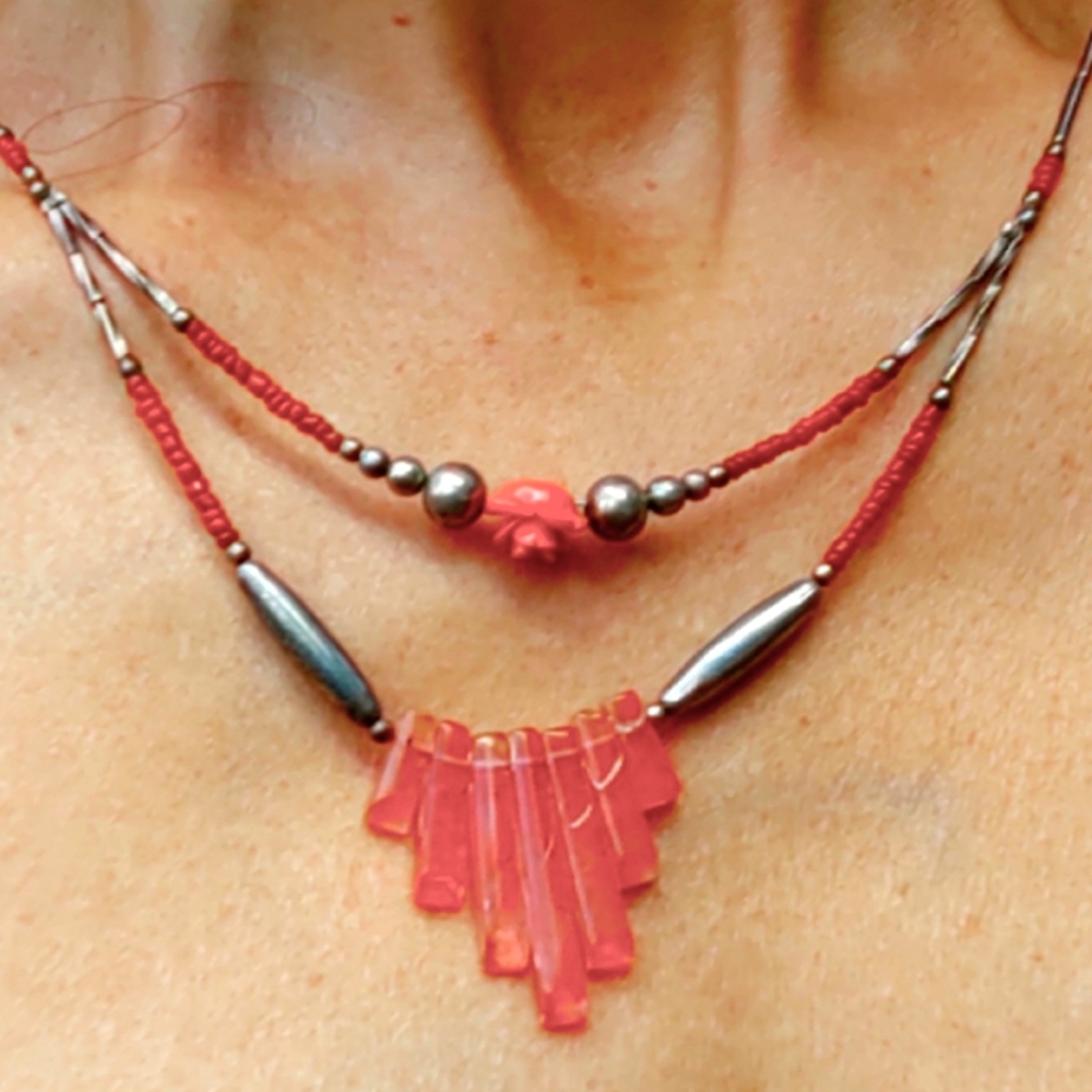VTG Rose Quartz & Coral Sterling Layered Necklace